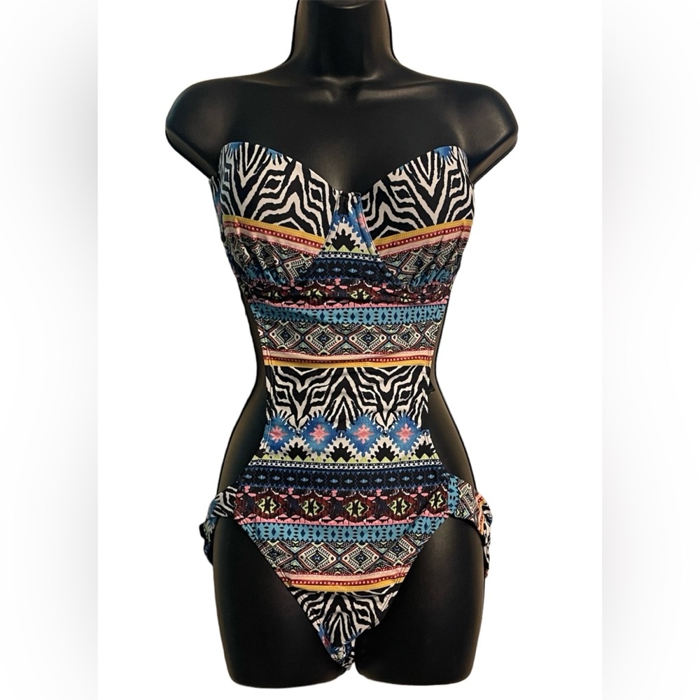 NWOT Sexy Y2K Jordache Aztec Swim Suit Removable Straps  Cut Out Sides Sz 14